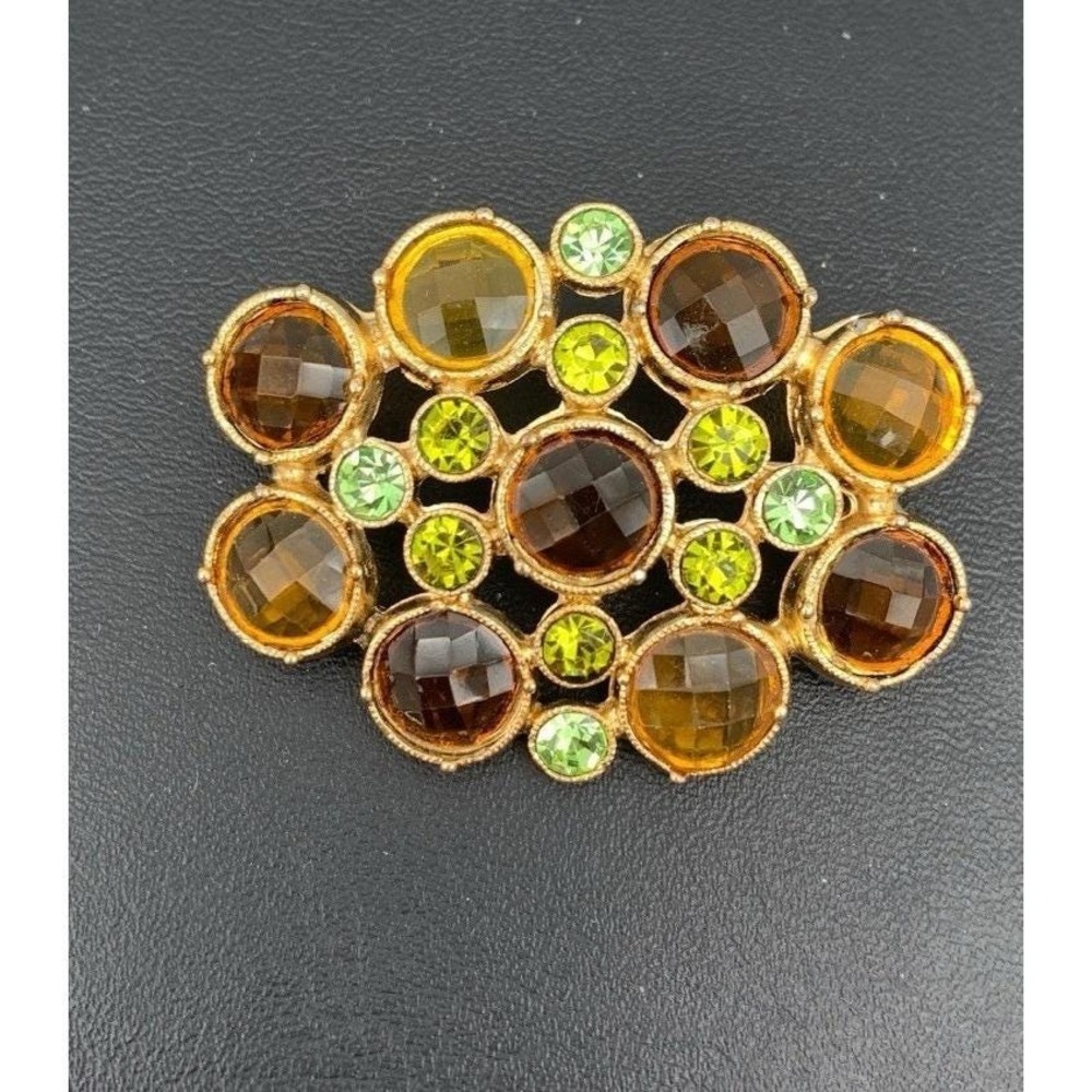 Vintage Gold Tone Faceted Amber And Green Colored Rhinestone Brooch